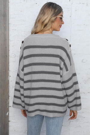 Light Gray striped knit pullover sweater with button shoulder detail