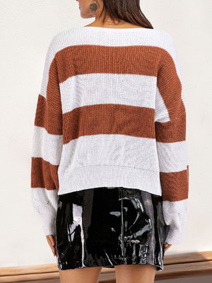 Wide stripe boatneck knit sweater in caramel and white.