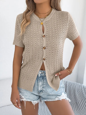 Chic knit button-up cardigan in Dust Storm with short sleeves and openwork detail.
