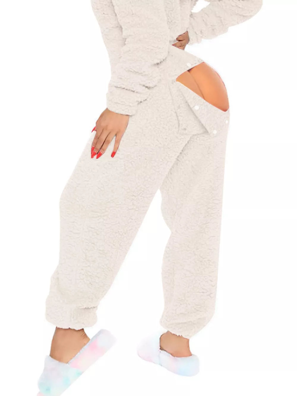Ivory white fleece hooded romper with buttoned open back detail.