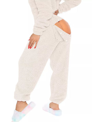 Ivory white fleece hooded romper with buttoned open back detail.