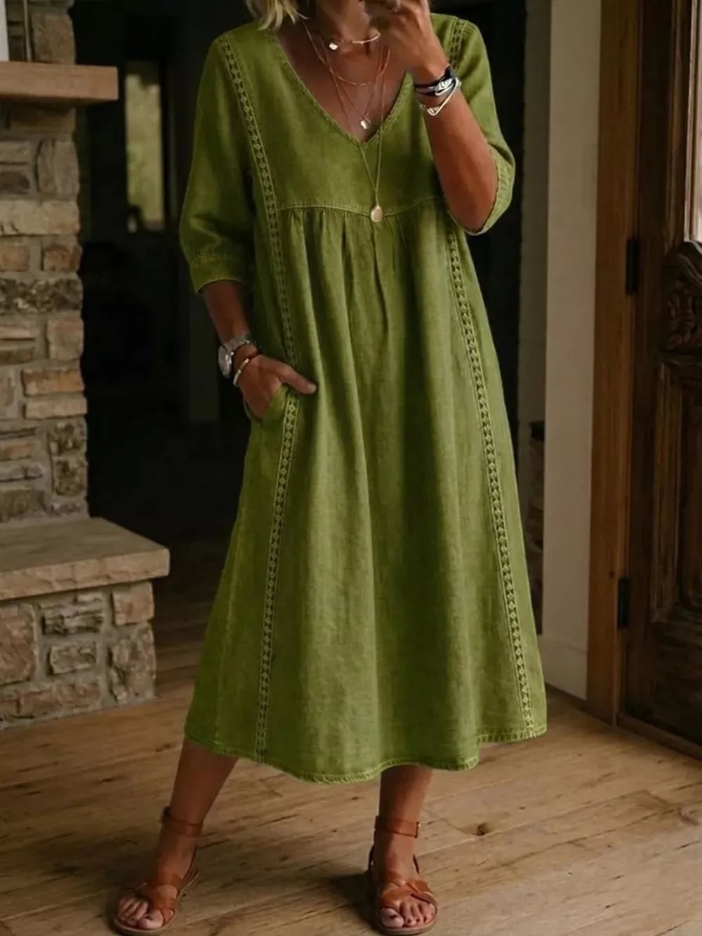 Full Size V-neck 3/4 Sleeve Midi Dress Plus Size, close-up detail