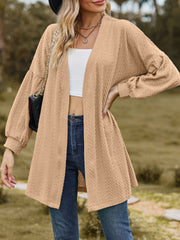 Taupe textured open cardigan with balloon sleeves and a relaxed fit.
