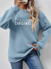 Misty Blue Merry Christmas graphic sweatshirt with crewneck and long sleeves.