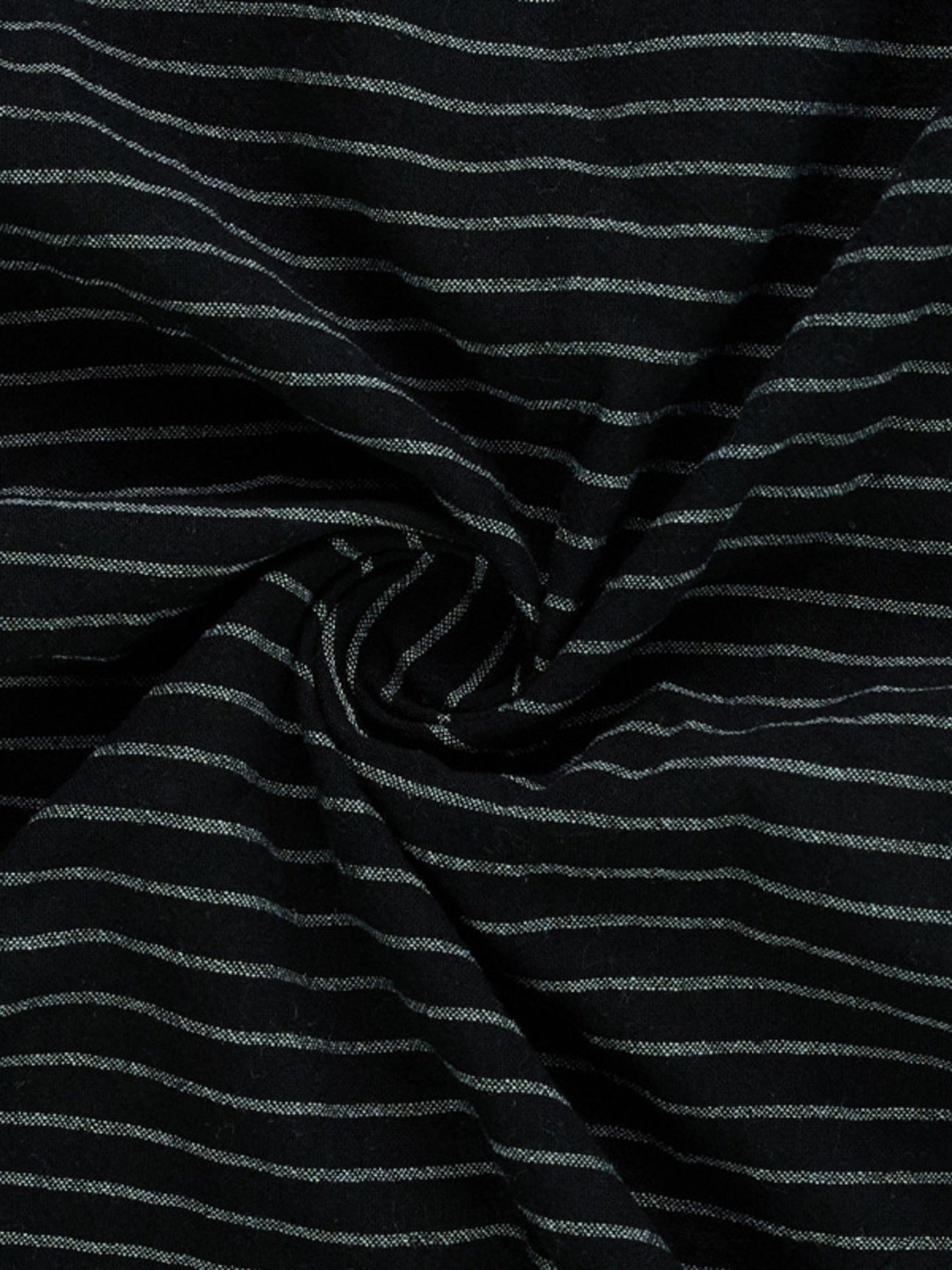 Black cotton blend men's long sleeve shirt with thin white stripes.