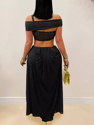Cutout Off Shoulder Ruched Maxi Dress in Dark Gray, model styling view