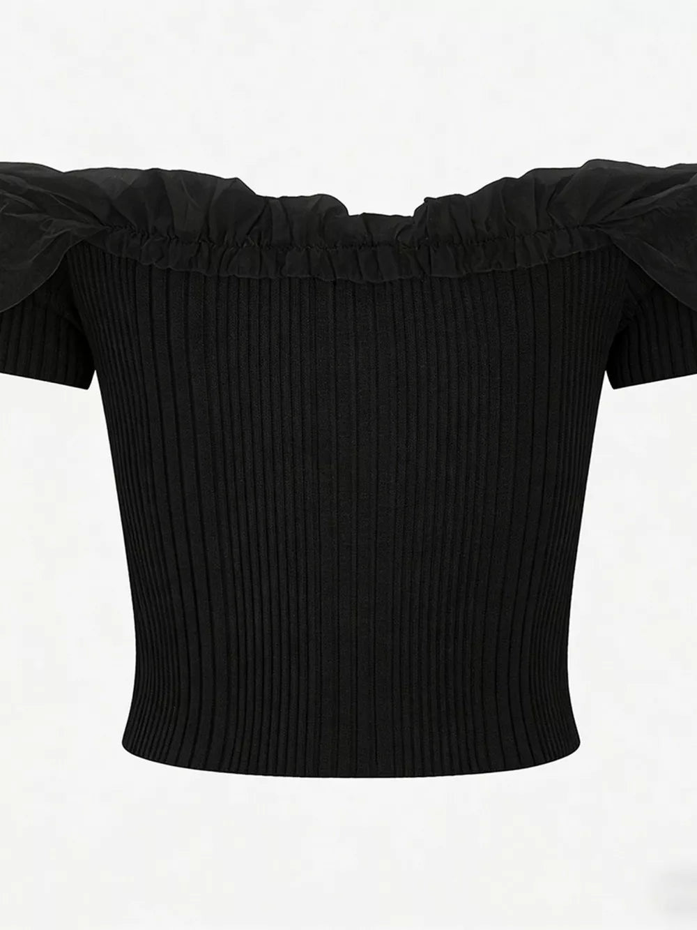 Black off-shoulder ruffled knit maternity t-shirt with short sleeves.
