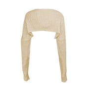 Sand ribbed knit shrug with extended sleeves and a cropped bolero cut.