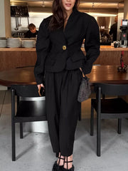 Puffy Sleeve Blazer And Wide-leg Pants Set in Black, model styling view