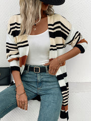 Bold stripe knit duster cardigan with open front and long sleeves, in acrylic.