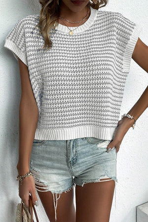 Sleeveless knit tank top with white and gray stripes, crew neck, and ribbed hem.