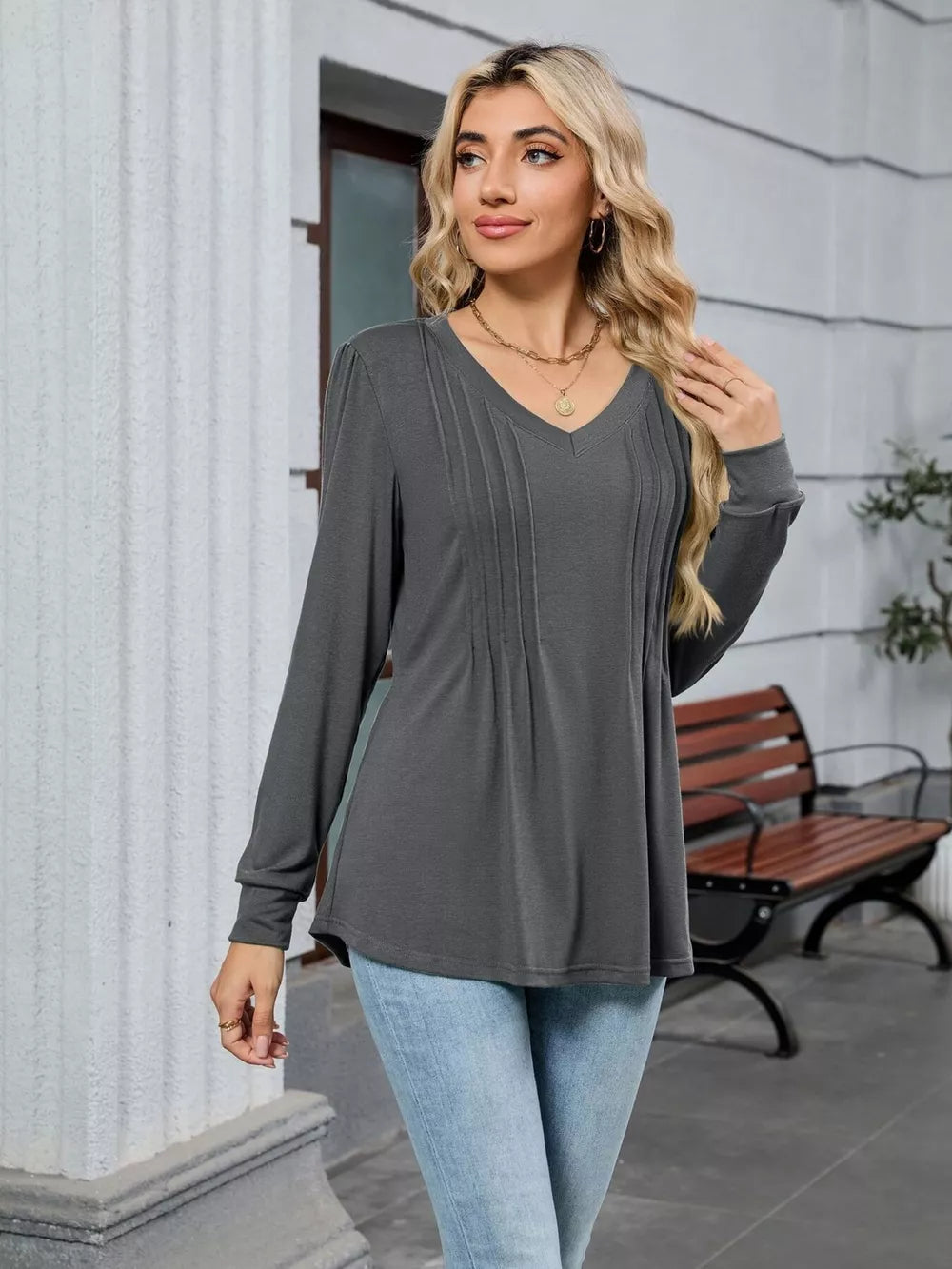 Dark gray V-neck long sleeve maternity t-shirt with subtle pintuck detail.