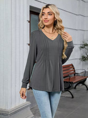 Dark gray V-neck long sleeve maternity t-shirt with subtle pintuck detail.