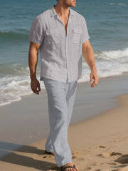 Men's Casual Button-up Shirt And Pants Set Plus Size, model styling view
