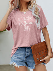Blush pink slub knit tee with white text graphic, crew neck, short sleeves.