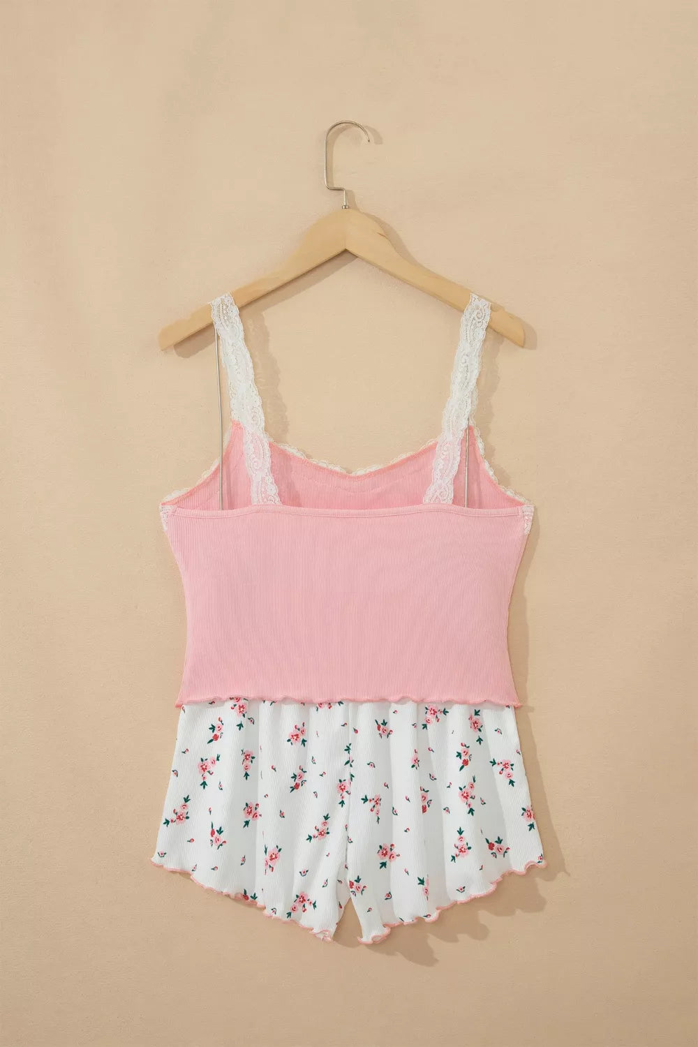 Pink lace-trimmed pajama set with floral print shorts