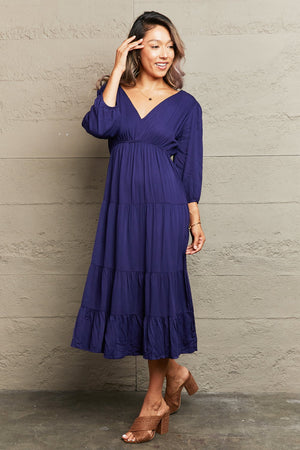 Navy backless empire waist tiered midi dress with balloon sleeves
