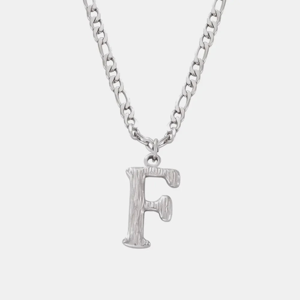 Textured initial F pendant necklace with stainless steel curb chain