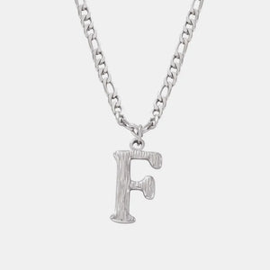 Textured initial F pendant necklace with stainless steel curb chain