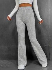 Gray ribbed flare trousers in 100% polyester with a high waist and bootcut leg.