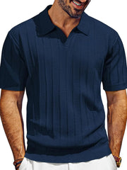 Navy ribbed knit polo shirt with open placket and short sleeves.
