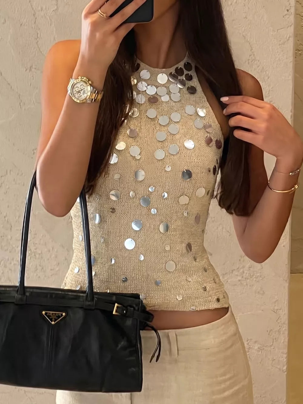 Sequin Halter Neck Cami in Gold, front view