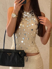 Sequin Halter Neck Cami in Gold, front view