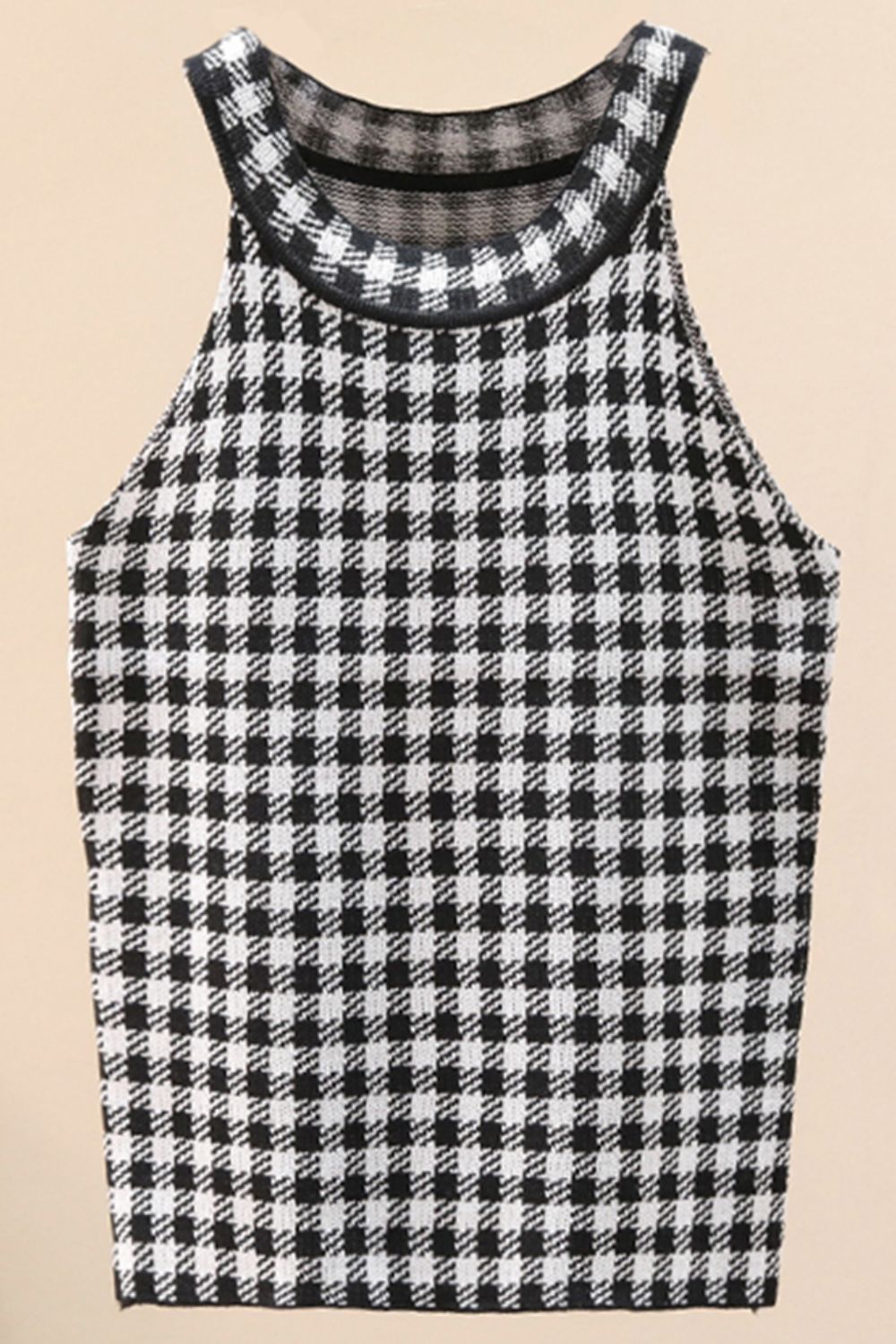 Houndstooth knit halter tank top in black and white acrylic with a contrast trim neckline.