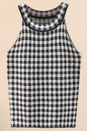 Houndstooth knit halter tank top in black and white acrylic with a contrast trim neckline.