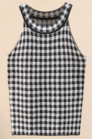 Houndstooth knit halter tank top in black and white acrylic with a contrast trim neckline.