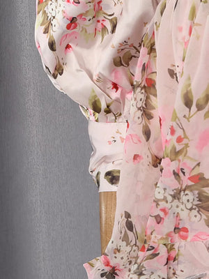 Charming ruffled floral mini dress with buttoned cuff detail in pink and green.