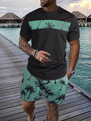 Men's Tropical Palm Tree Tee And Shorts Set in Hot Pink, side view