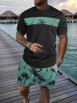 Men's Tropical Palm Tree Tee And Shorts Set in Hot Pink, side view