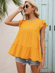 Orange-red babydoll blouse with ruffled cap sleeves and tiered hem.