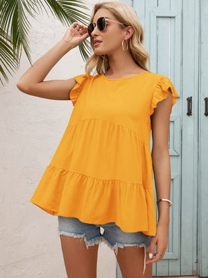 Orange-red babydoll blouse with ruffled cap sleeves and tiered hem.
