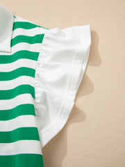 Ruffled sleeve cotton blouse with green and white stripes and a white collar.