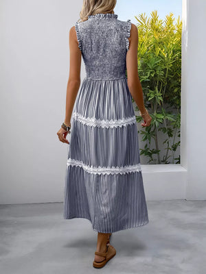 Navy blue striped midi dress with smocked bodice and lace trim tiers