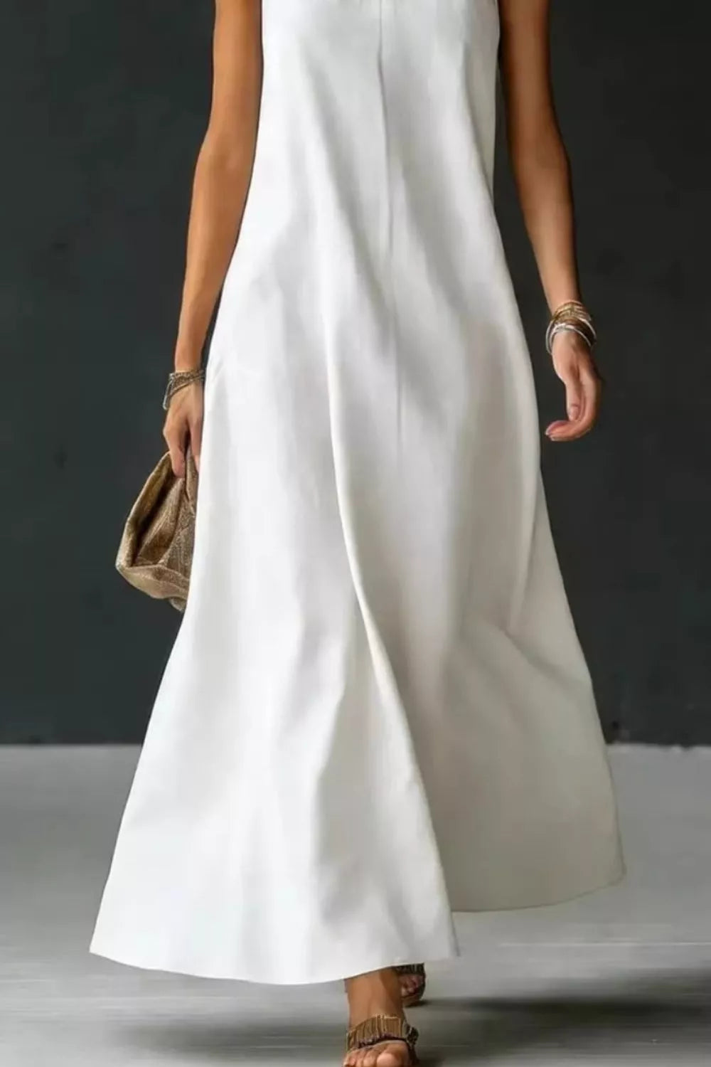 White a-line maxi dress with twisted neckline detail, cotton blend fabric