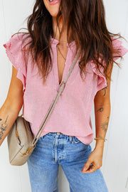 Red and white striped cotton blouse with ruffled short sleeves and a V-neck.