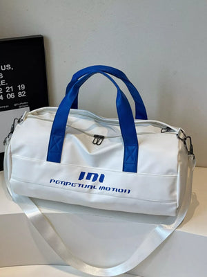 Off-white sporty duffel bag with blue handles and "PERPETUAL MOTION" graphic.