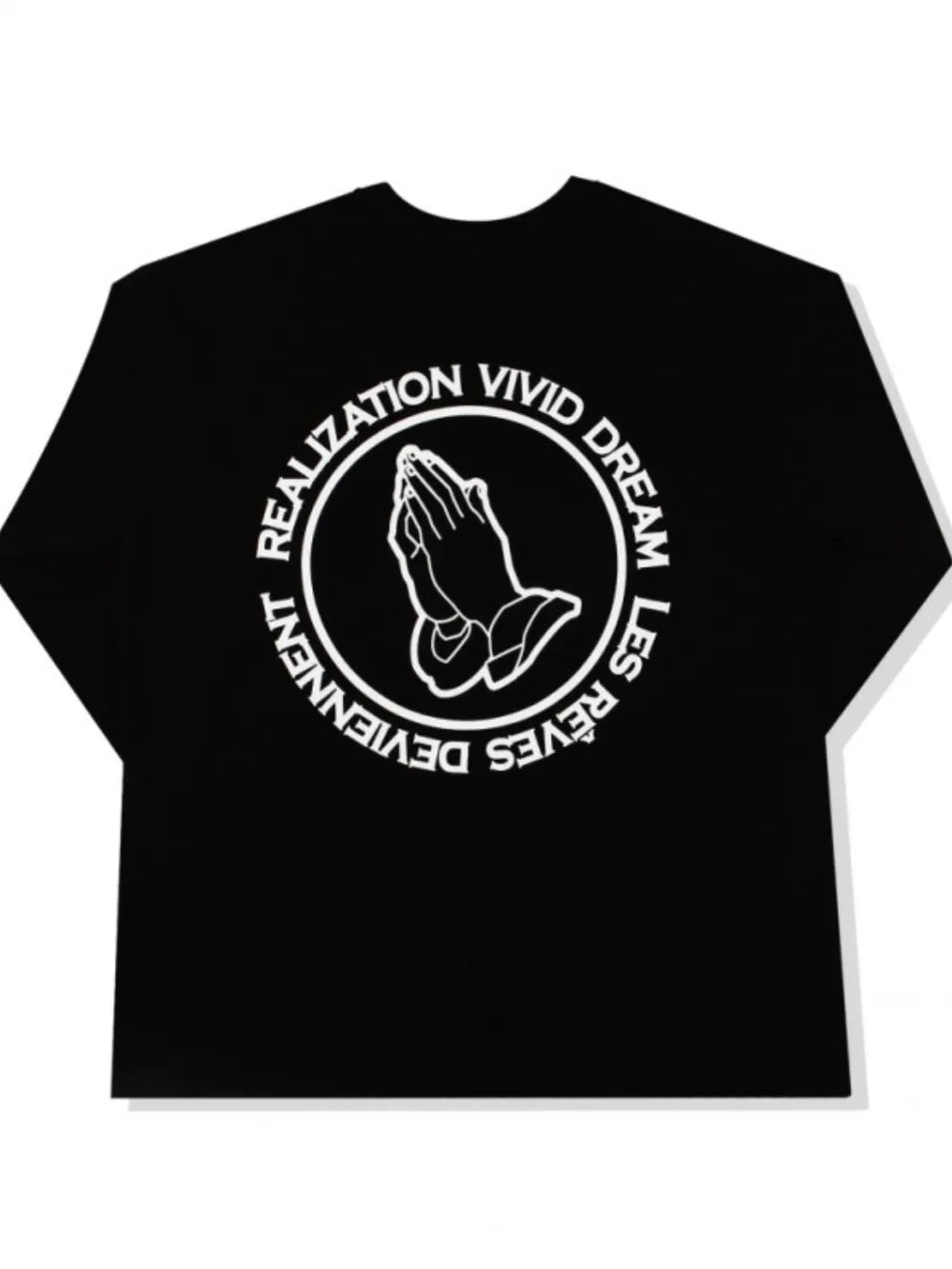 Black long sleeve tee with white praying hands graphic and text circle