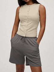 Khaki ribbed button-front fitted tank top with crew neck and sleeveless design.