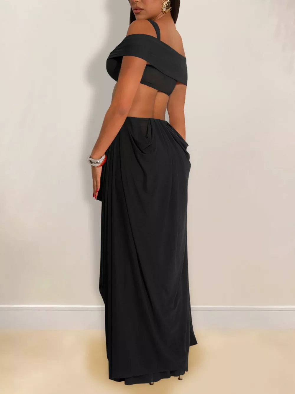 Cutout Off Shoulder Ruched Maxi Dress in Dark Gray, close-up detail