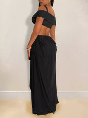 Cutout Off Shoulder Ruched Maxi Dress in Dark Gray, close-up detail
