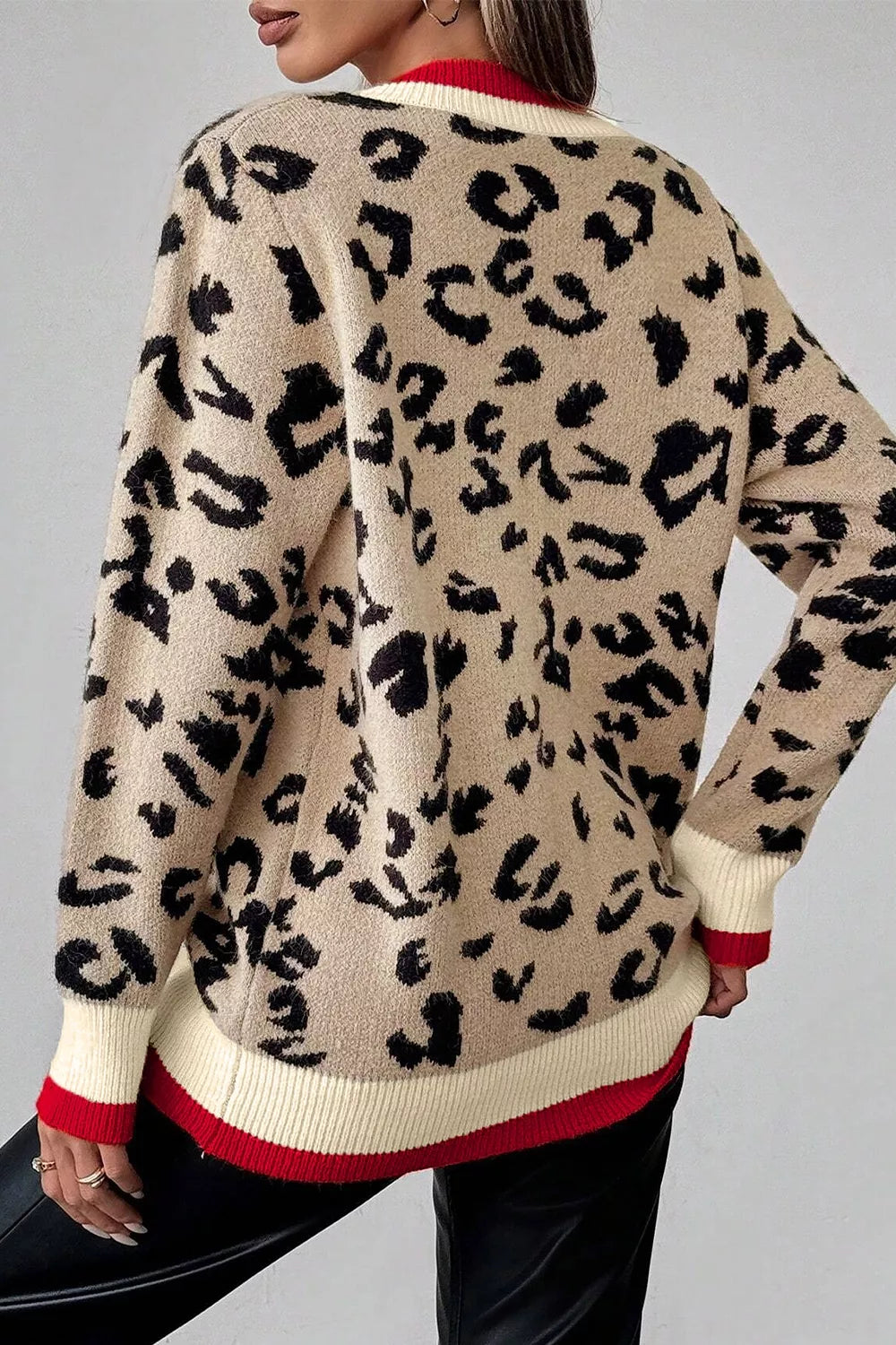 Leopard Pattern V-neck Ribbed Sweater in Leopard, side view