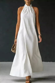 White cotton blend maxi dress with twisted halter neckline and a-line cut