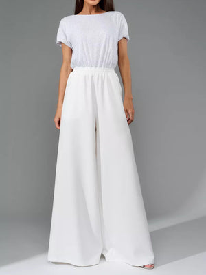 White palazzo pant suit with sequin bodice and short sleeves