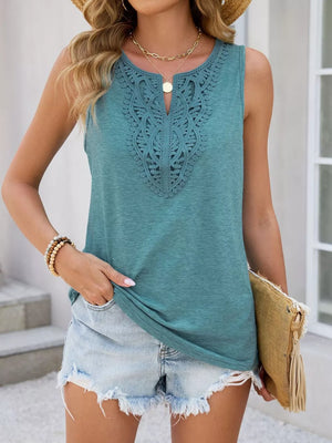 Turquoise sleeveless tank top with lace trim neckline and V-cut detail.