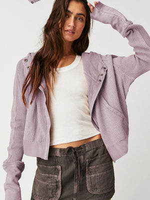 Lavender waffle knit cropped hoodie with snap front and raw hem
