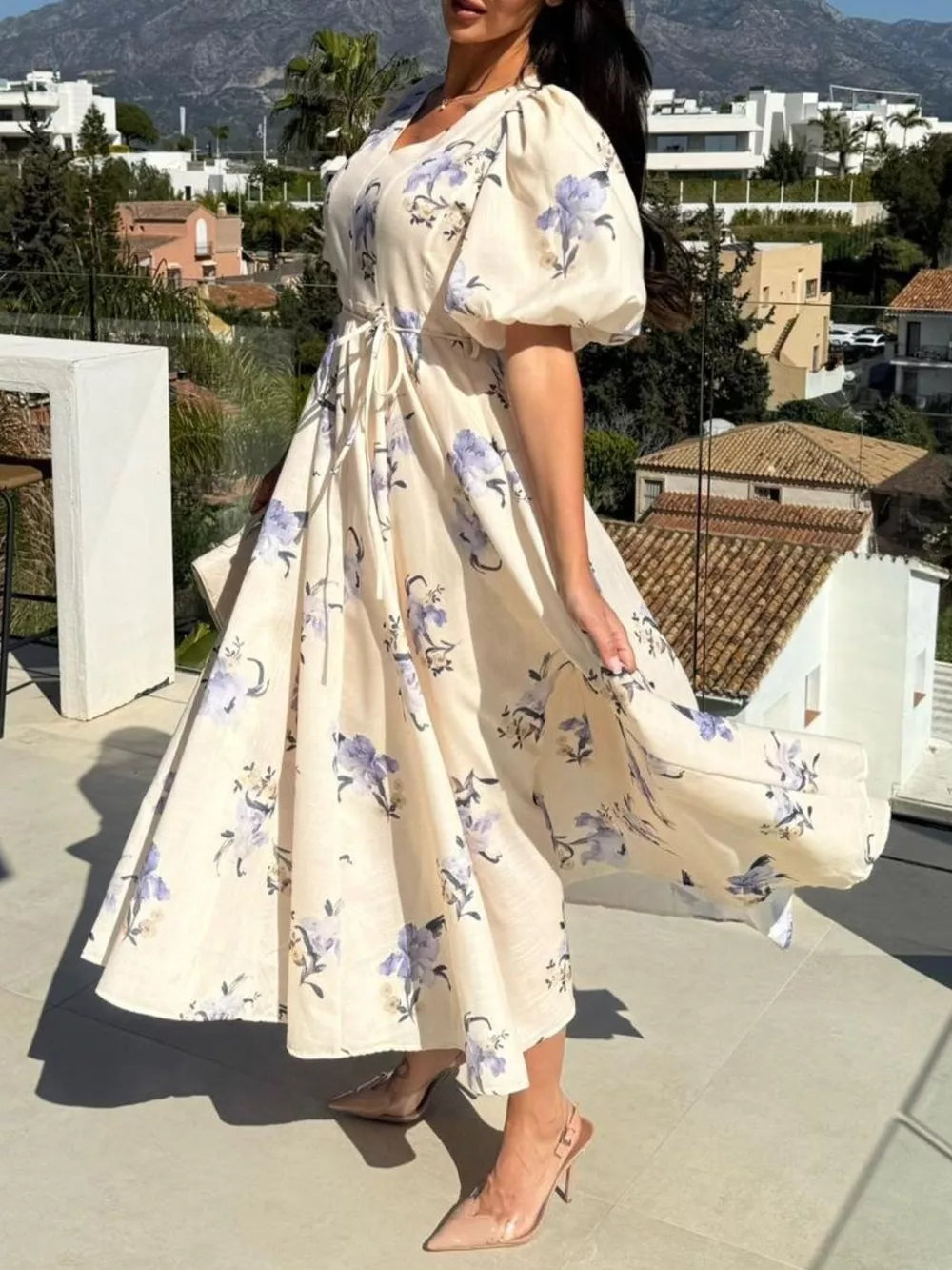 V-neck Midi Dress in Tan, model styling view